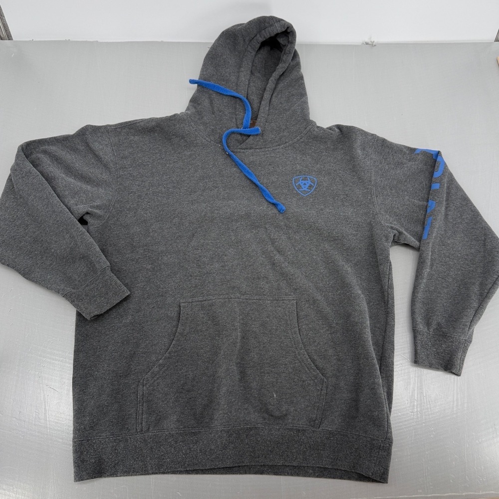 Ariat Mens Hoodie Charcoal Grey Blue Logo Pullover Tall Large L-TALL 1924‎